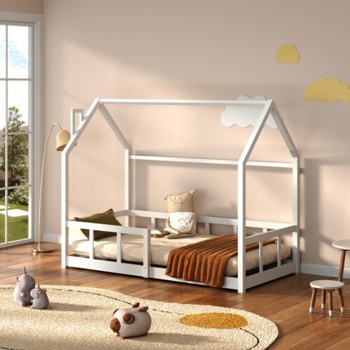 1pc Playful Treehouse Design Kids Bed Frame - 167×87×135cm Solid Pine Wood Construction, Safety Rails Included, Boys/Girls Bedroom Furniture (Mattress Excluded)