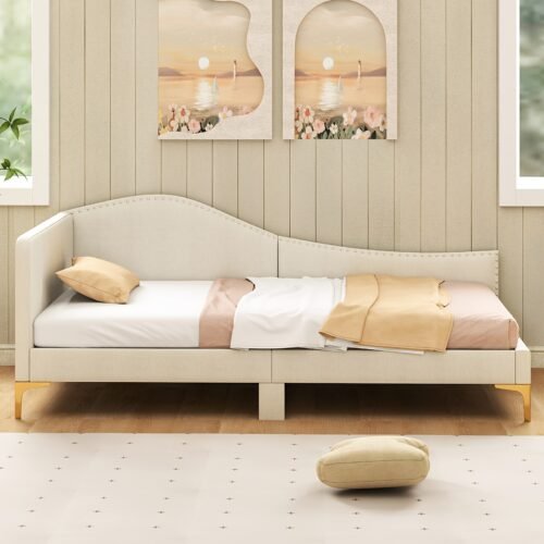 GOFLAME Upholstered Twin Size Bed, Modern Bed Frame Platform Bed w/ Upholstered Headboard, Wooden Slat Support Reclining Bed, No Box Spring Needed Mattress Foundation