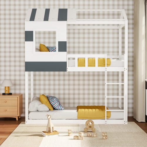 1pc Contemporary Double Over-Double Bunk Bed with Ladder, No-Box-Spring Required, Hardwood and Artificial Board Construction, Teen Age Range, Easy Access Design, Wooden Materials, No Electricity Needed