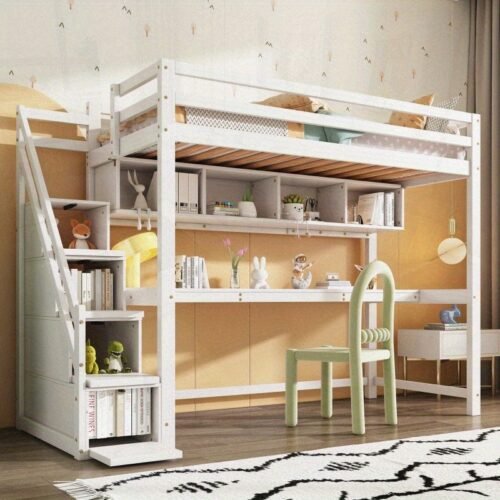 Wooden Bunk Bed 90190cm Loft Bed with Storage Stairs Made of Pine Wood Bed with Large Desk and Sheets with Slatted Frame White